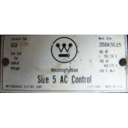 WESTINGHOUSE GCA-530 CONTACTOR SIZE5 200HP 600VAC