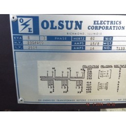 OLSUN ELECTRICS TRANSFORMER TYPE AA 7133-S-S27493 6 KV 230/460HV