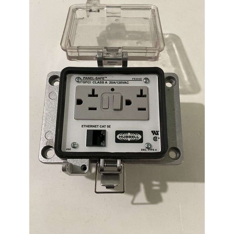 Hubbell PR205E Panel-Safe Access Port – 20A 125V GFCI with Cat 5e Ethernet